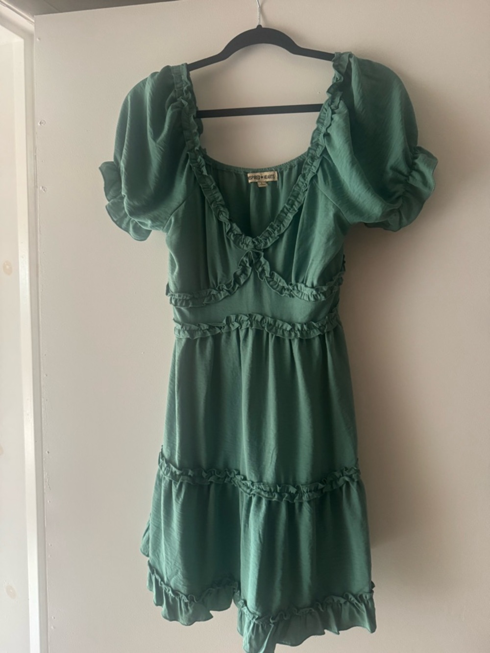 Short sleeve v neck cut green Ruffled Dress women